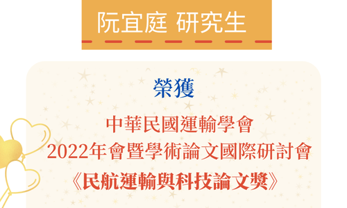 胡凱傑教授、阮宜庭研究生榮獲「中華民國運輸學會2022年會暨學術論文國際研討會」民航運輸與科技論文獎